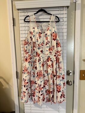 Lane Bryant White Floral Midi Dress with Pink & Teal Blooms